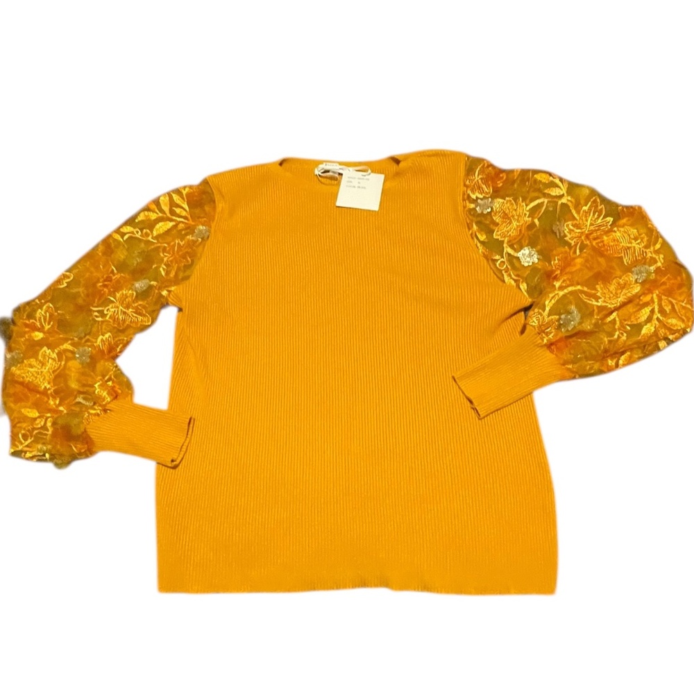 Sioni Milano Sweater Puffed Sheer Sequenced Sleeves Med Ribbed Knit Stretch NWT - Picture 4 of 13